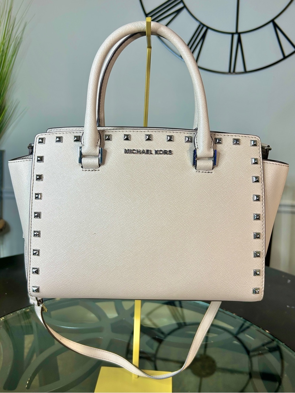 Michael Kors Selma Medium Studded Saffiano Leather Satchel Bag Beige Silver